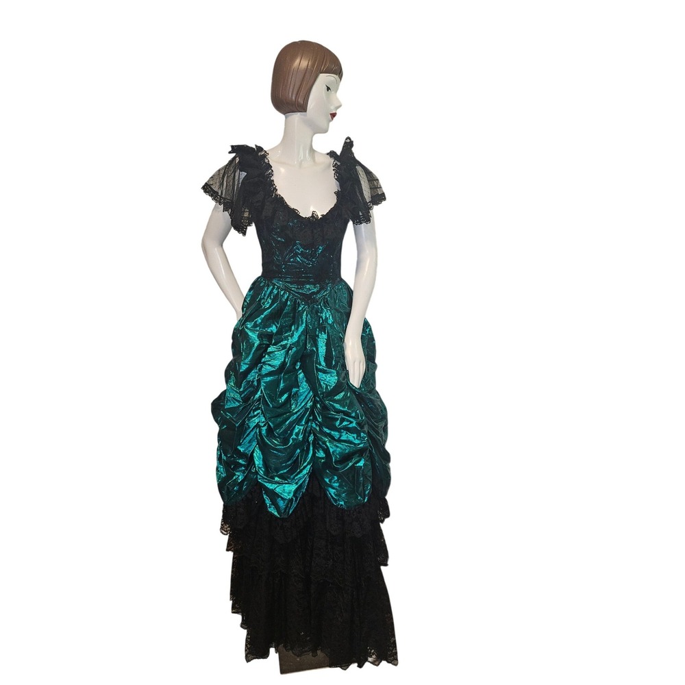 Vintage Victorian Gothic Gown Emerald Green Metallic Lace Bustle Dress‎ Corset